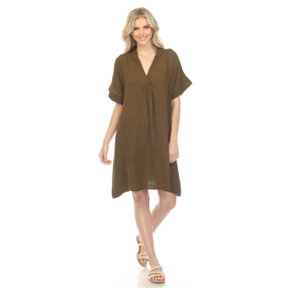 Honest Cotton Tulum Olive Green Gauze V-Neck Short Sleeve Mini Dress OS